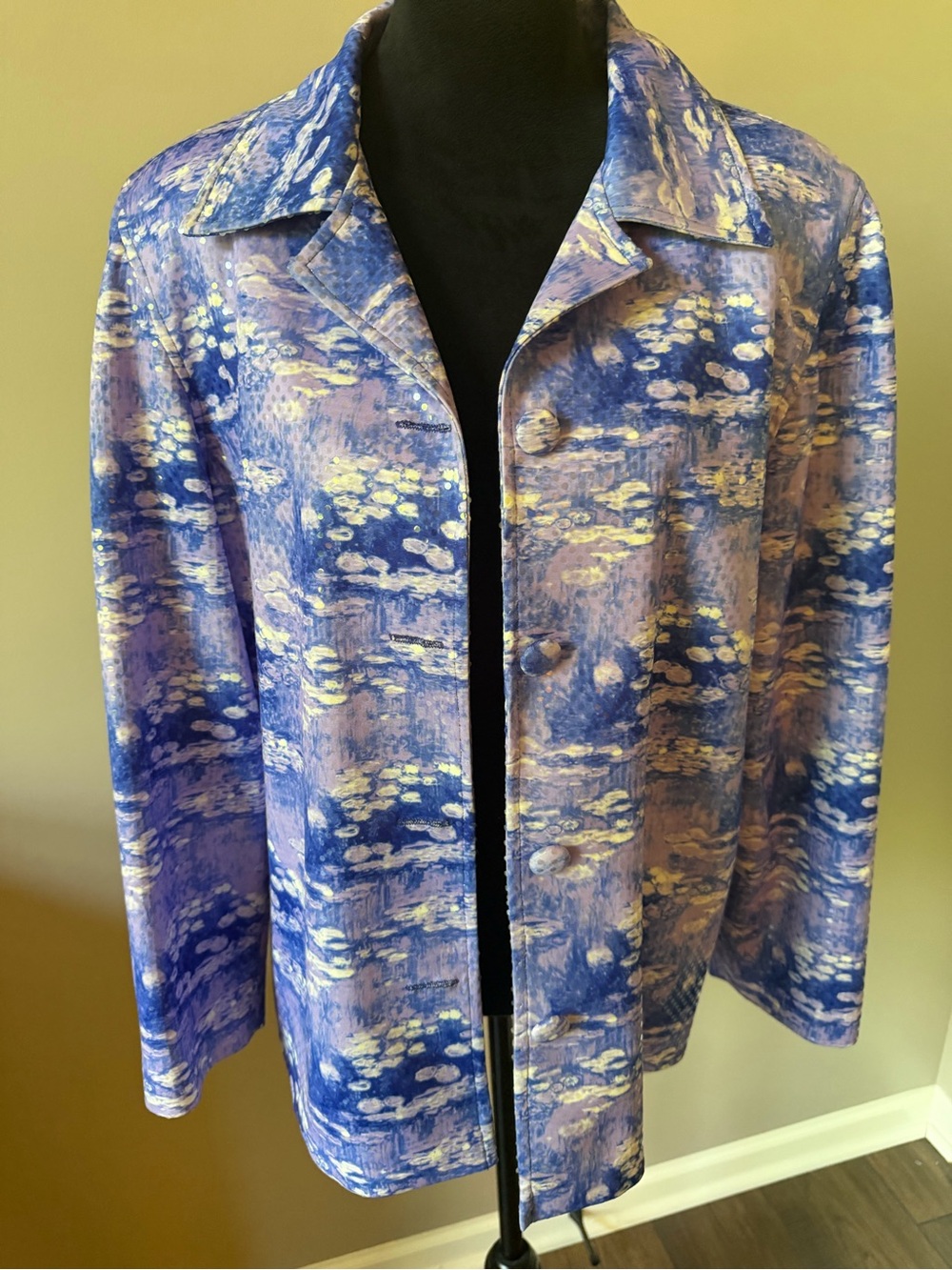 Lorizoni Vintage 100% SILK Blue & Lavender Button-Front Jacket Sequined Medium